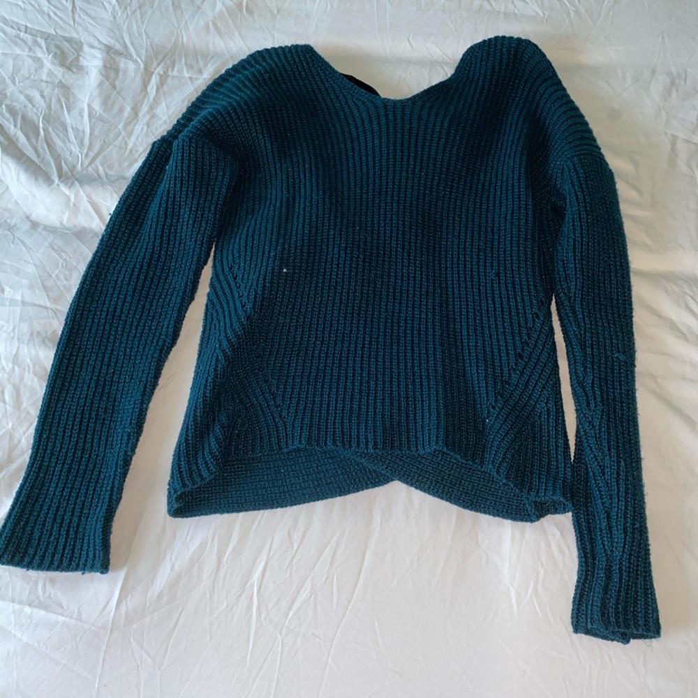 teal sweater with cross over and velvet tie